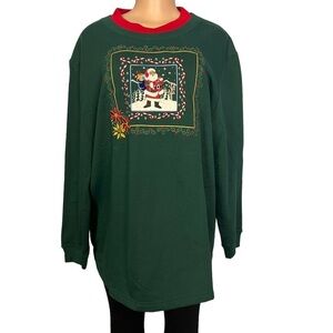 Bobbie Brooks Vintage Green Christmas Santa Sweatshirt Embroidered